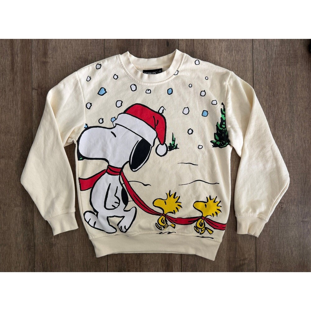 Snoopy Peanuts Christmas Crewneck Sweatshirt Cream Graphic Pullover Size S